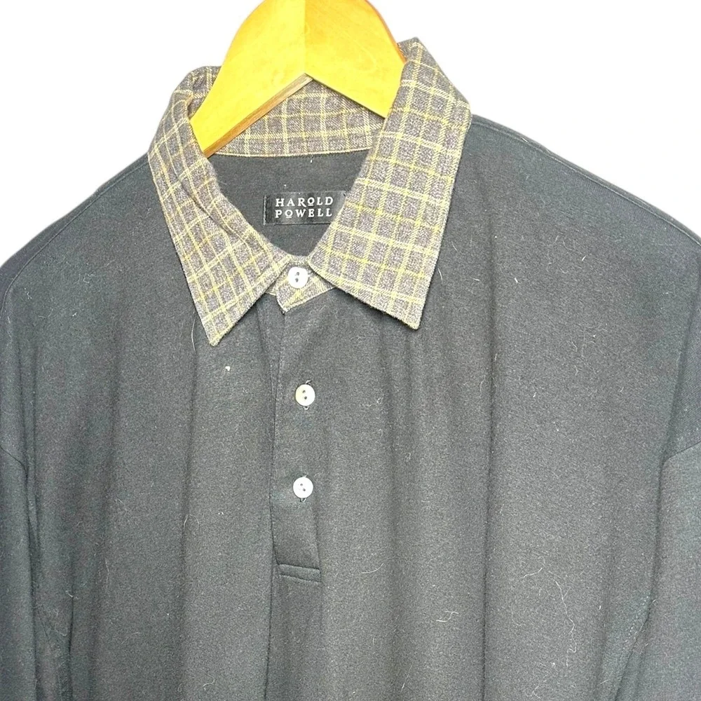 Harold Powell Men's Size XL Black Long Sleeve Polo Shirt Plaid Collar‎